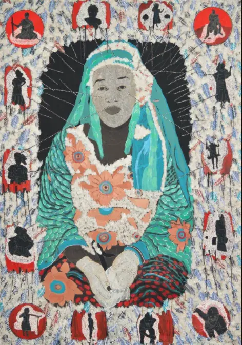 OMAR BA — Archive Nationale 1, 2017. Oil, pencil, acrylic, ink and gouache on craft paper.