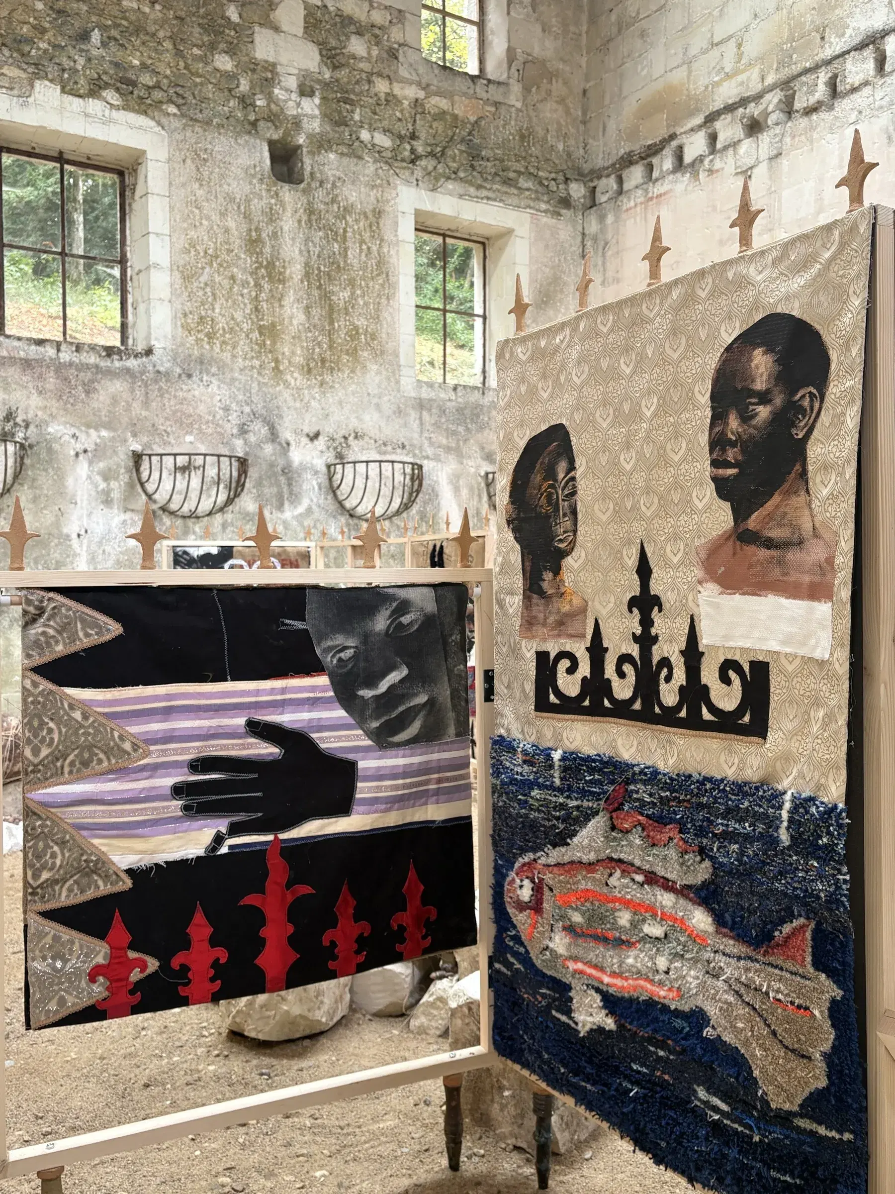 Detail of Chada’s Commission Montgoger, with layered textile portraits and architectural motifs.