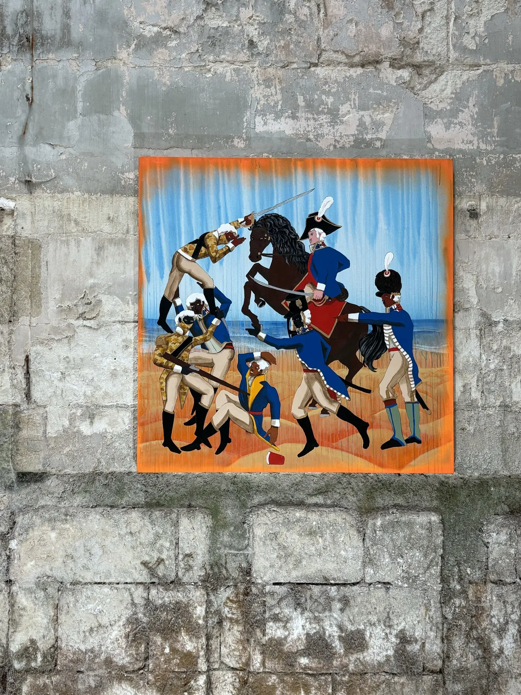 Painting of a dynamic group of figures displayed against a stone wall.