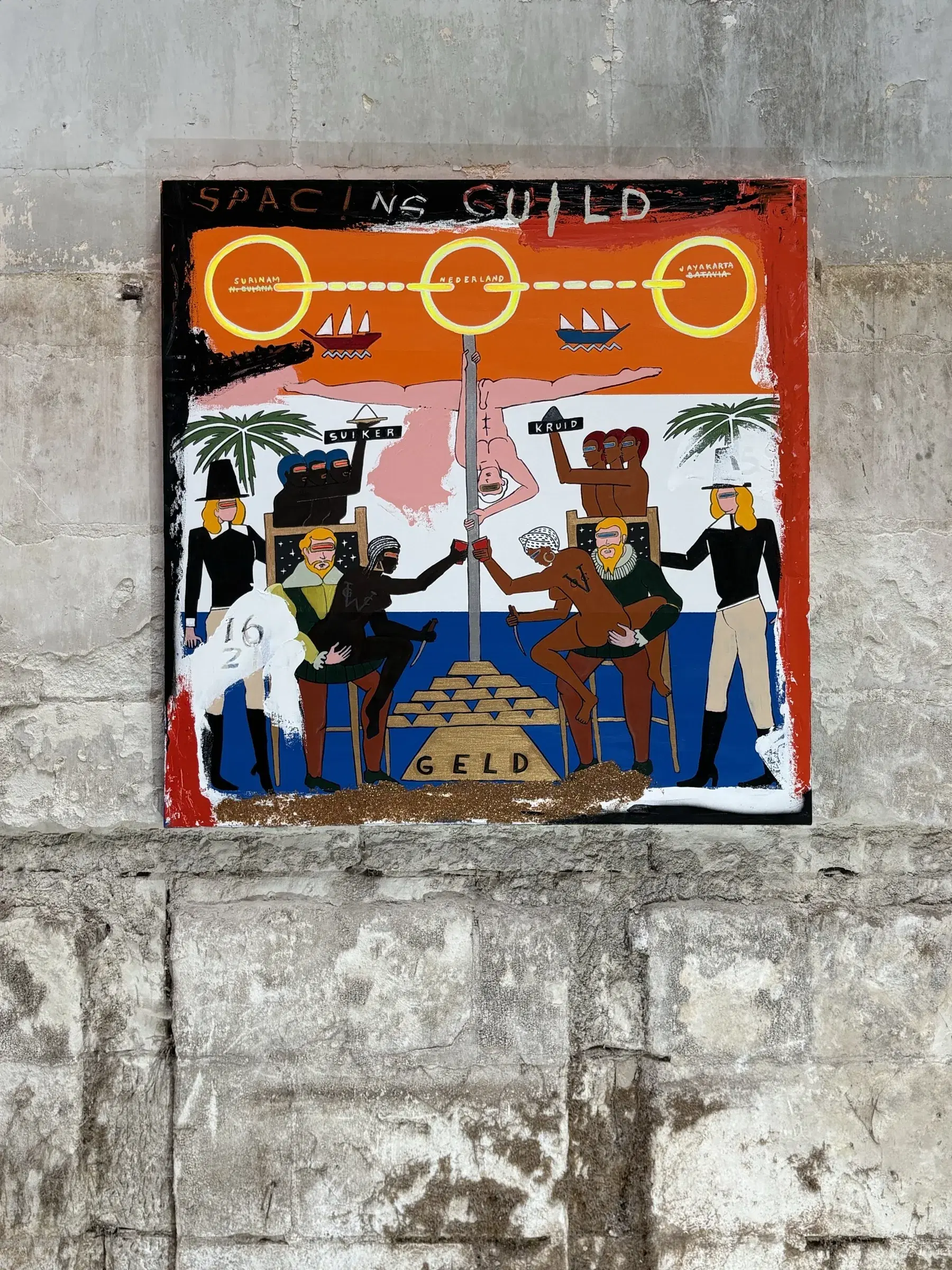 Colorful figurative painting about power and authority displayed against a weathered stone wall.