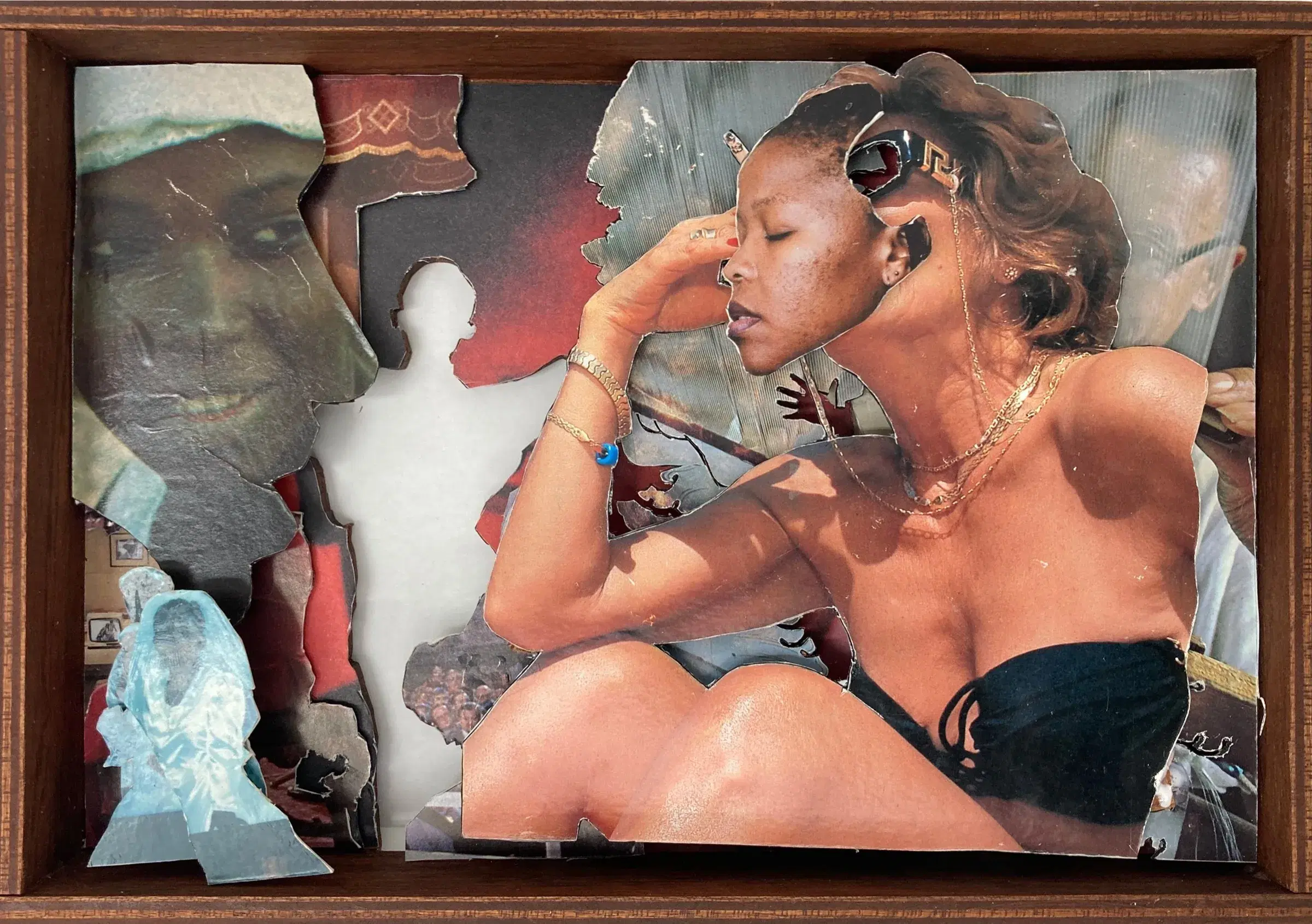 Thato Toeba’s Lekoko, a layered collage with mirror, glass and wood.