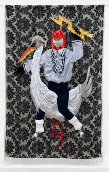NOVISSIMO EDGAR — O Nascimento da Constelação de Gêmeos, 2023. jacquard, franges, dureg, satin, soie japonaise, crochet et perles de rocaille.