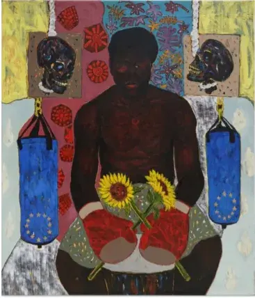 GODWIN CHAMPS NAMUYIMBA — Beaten not defeated, 2019. Mixed media sur toile.