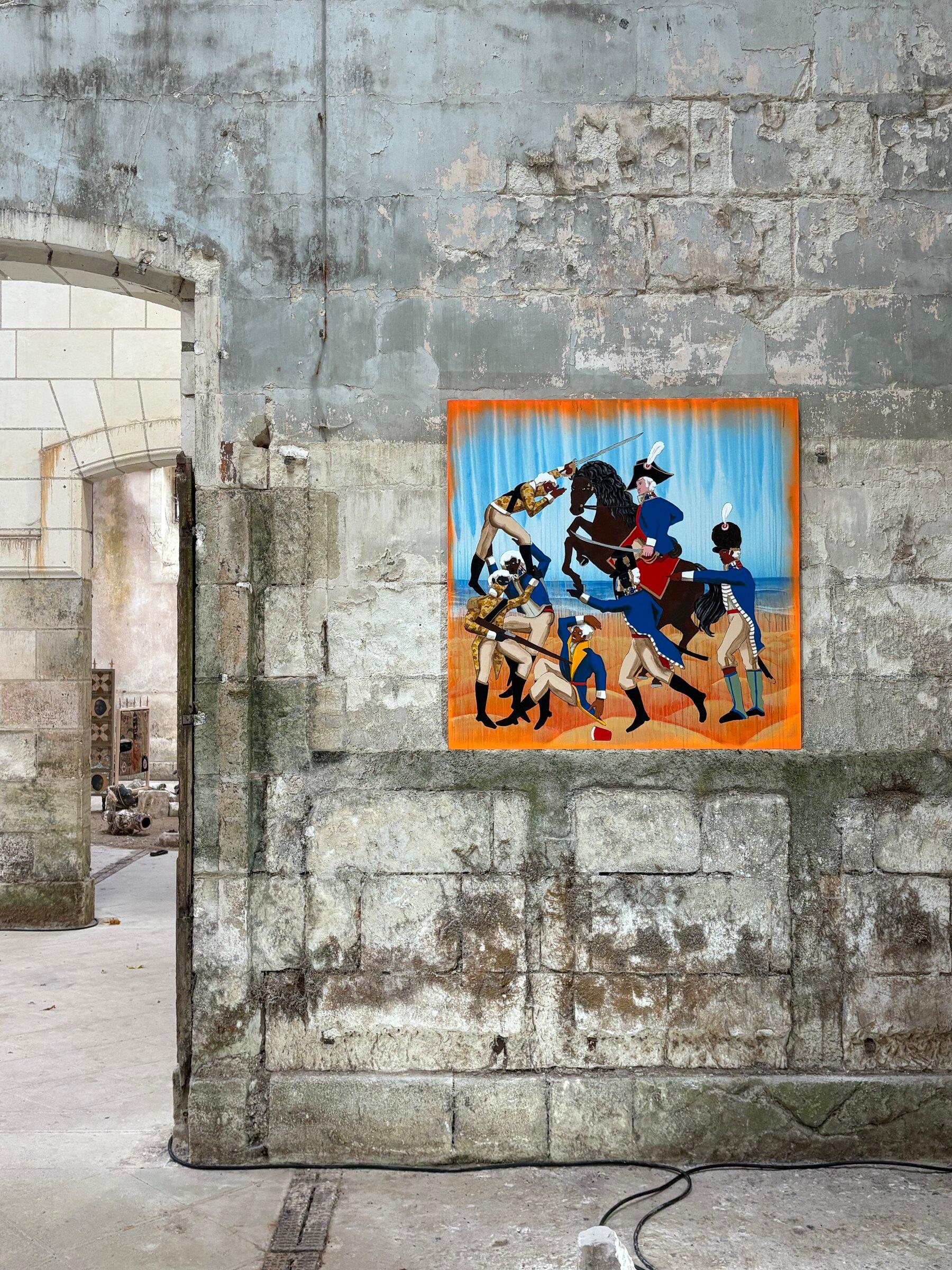 A figurative contemporary artwork installed against a pale stone wall.